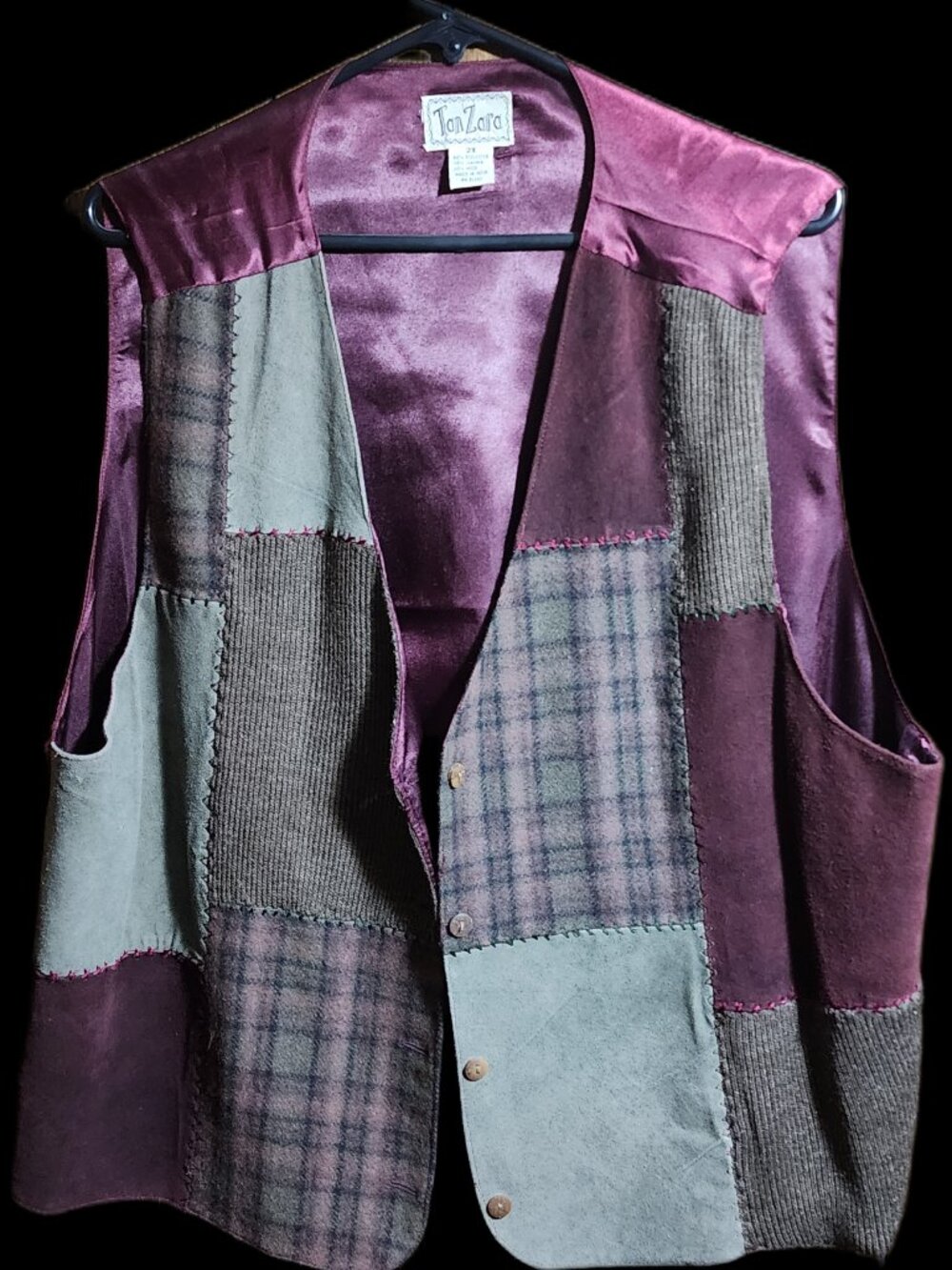 Tan Zara Women's Plus Size 2X Vintage Patchwork Vest Leather Wool Blend Button U